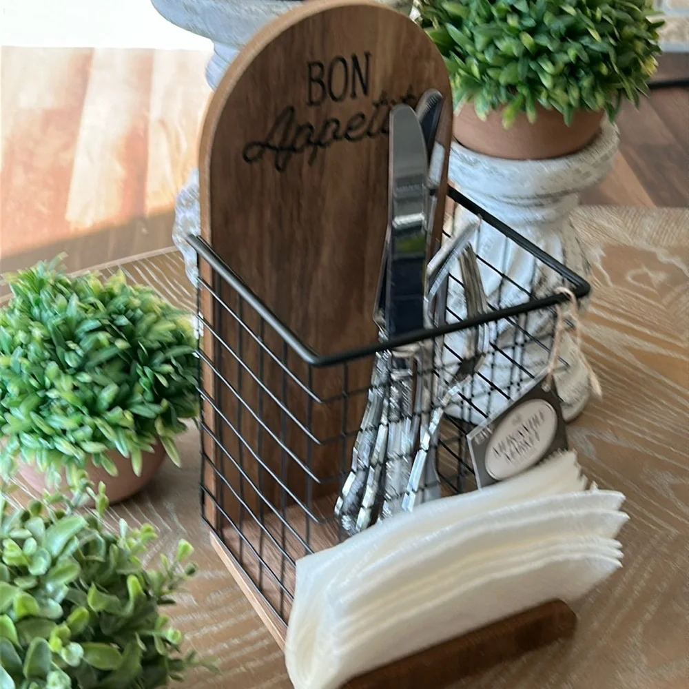NEW! French Shabby Chic Cottage Wood & Black Metal Utensil Flatware Caddy